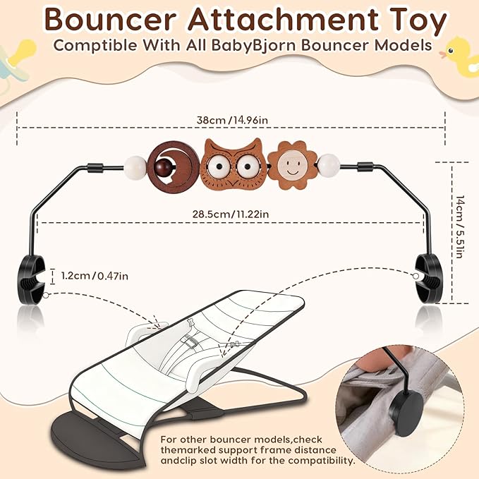 Baby Bouncer Toy Bar Wooden Compatible with Baby Bjorn Bouncer, Durable Wooden Bouncer Toy Bar Attachment, Tight and Secure Fit, Rotatable Sensory Toys for Curious Babies (Flower and Owl)
