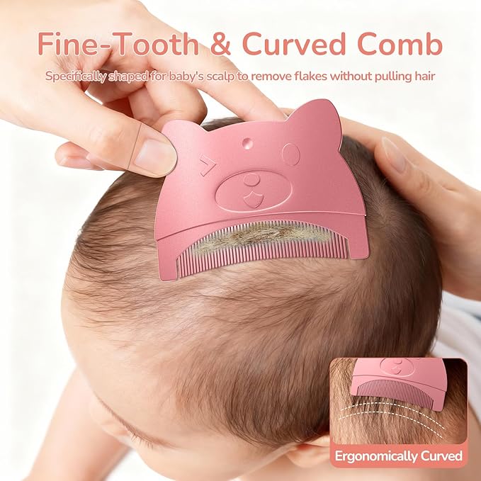 Baby Cradle Cap Brush & Comb Set, 3-in-1 Soft Scalp Brush, Curved Comb & Bath Sponge | BPA-Free Cradle Cap Treatment Kit for Newborns & Infants 0-12 Months, Flakes Removal, Pink