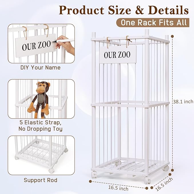 Edudif Stuffed Animal Storage Zoo, Wooden Stuffed Animal Organizer with Removable Wheels & 5-Row Elastic Cords, Space-Saving Plush Toy Storage Holder for Playroom, Bedroom, Nursery