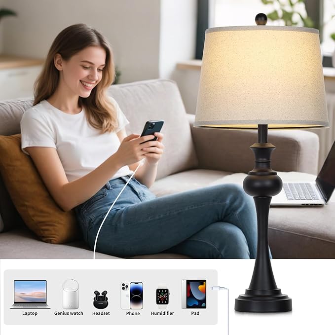Cinyirong 28.75" Black Modern Table Lamps for Living Room, Bedside Lamp with USB A+C Ports & AC Outlets, 3 Way Dimmable Touch Lamps for Living Room,Nightstand Lamp LED Bulb Included (1Pack