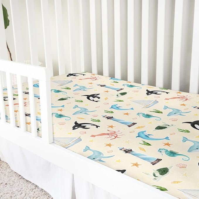 Colorful Sea Animals Baby Crib Sheet 52''x28'' Ocean Whale Dolphin Turtle Shells Coral Lighthouse Ship Stretchy Fitted Crib Mattress Cover for Boy Girl Baby Sheets for Standard Crib Toddler Mattress