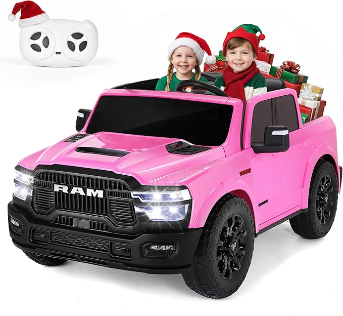 FUNTOK 24V 2 Seater Ride On Truck for Big Kids, Licensed RAM 2500 Kid's Electric Vehicles w/Remote Control, LED Light/Music/MP3/Bluetooth, Truck Bed Storage, Carry Wheels & Handle, Car for Kids 3-8