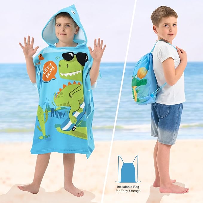 PINNKKU PINNKU Dinosaur Beach Towel with Hood for 2-10 Years, Soft Absorbent Hooded Bath Towels for Boys Girls, Toddler Pool Swim
