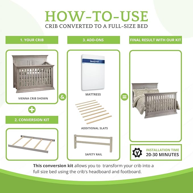 Full-Size Conversion Kit Bed Rails for Baby Cache Convertible Cribs - Solid Wood Rail - Toddler and Adult Bed Rail for Full-Size Beds - Essential Nursery & Baby Furniture (Ash Gray)