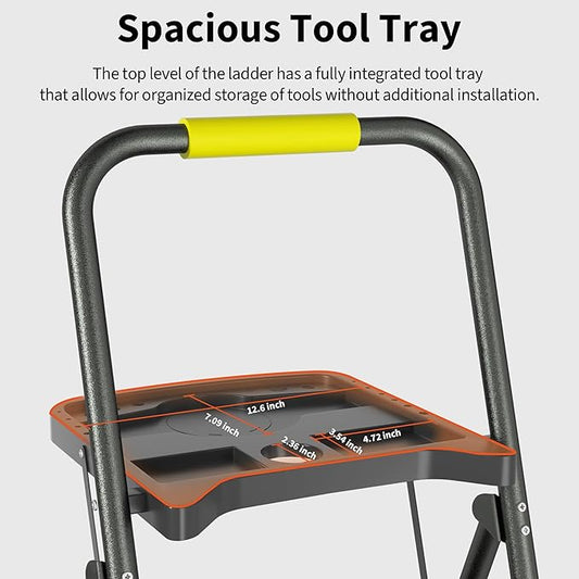 DIAMONDFORGE 3 Step Ladder, Folding Step Stool with Tool Platform, Wide Anti-Slip Pedal and Anti-Slip Feet, Sturdiest Steel Construction, 600lbs Capacity Steel Ladder for Home Office, Black Yellow