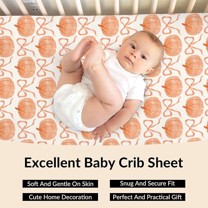Fall Pumpkins Orange Bows Baby Crib Sheets Vintage Autumn Pumpkins Baby Sheet Thanksgiving Harvest Fitted Crib Mattress Cover for Standard Crib and Toddler Mattress 28"x52"