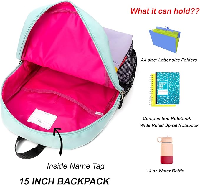 HawLander Little Kids Backpack for Boys or Girls, Toddler School Bag Fits 3 to 6 years old, Light Green, 15 Inch