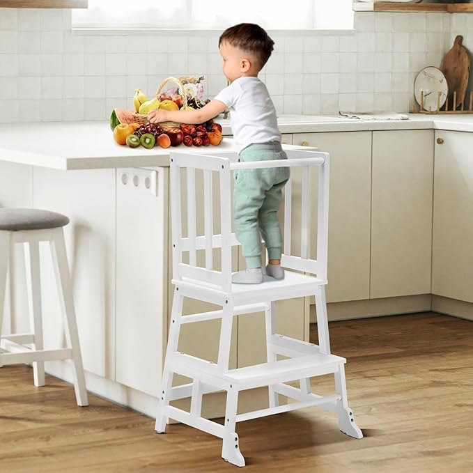 COSYLAND Toddler Standing Tower with Stabilizing Legs - Bamboo Kids Kitchen Step Stool for Learning Cooking (White)
