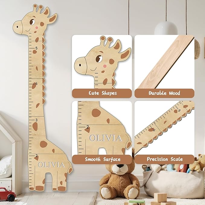 Woodemon Personalized Name Kids Growth Chart for Wall, Cute Giraffe Wooden Growth Chart Kids Height Chart, Wall Measurement for Kids, Height Chart for Wall, Growth Ruler for Children