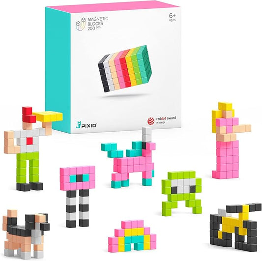 PIXIO-200 - Tiny Magnetic Blocks Building Toy in Pixel Art Style with Free App - 5/16" Plastic Cubes with 6 Magnets Inside - Open Ended Toy - Ages 6+