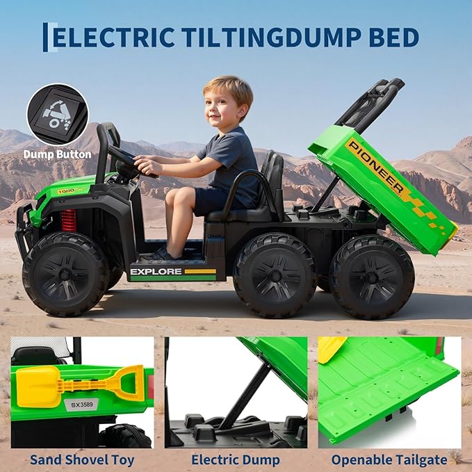 24V 4WD Electric Ride-on Dump Truck for Kids, 2-Seater with Parental Remote Control, 3 Speeds, All-Terrain Off-Road Toy Car for Boys Girls, Green