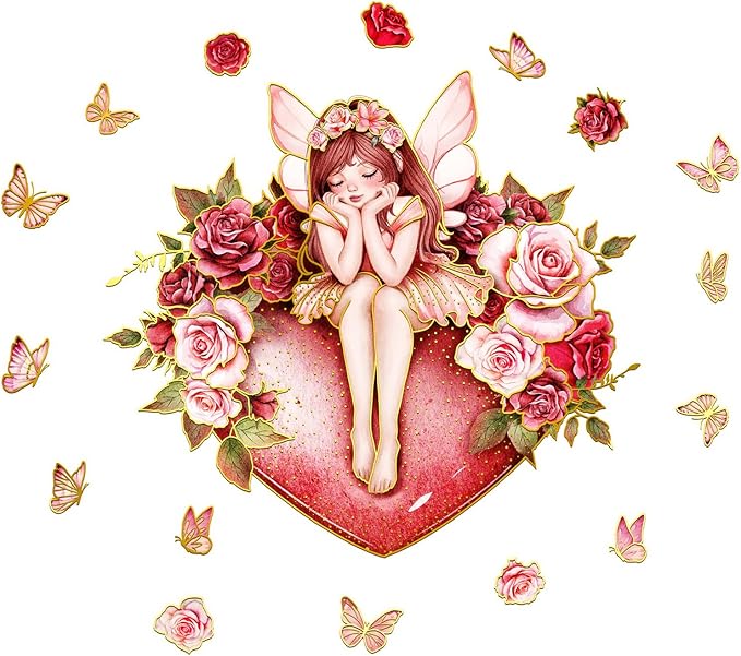 Fairy and Rose Wall Stickers Dreamy Theme Beautiful Girl with Roses and Butterflies Decals Peel and Stick Waterproof Decor for Kids Room Bedroom Living Room(Fairy)