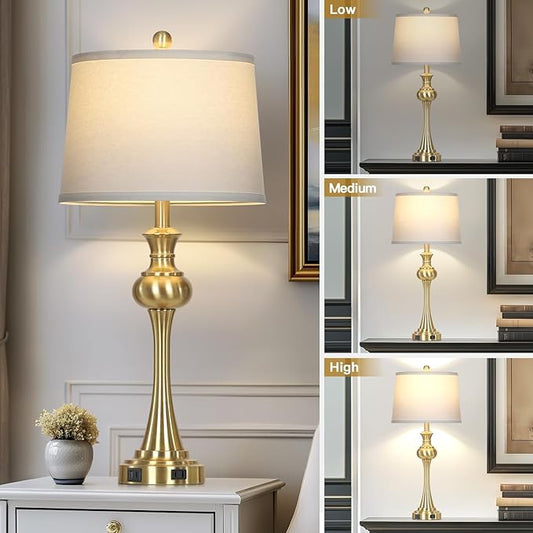 Cinyirong 28.75" Gold Table Lamps for Living Room,Touch Lamps for Bedrooms Set of 2 - Nightstand Table Lamp with USB C+A, 3 Way Dimmable Bedside Lamps End Tables, Antique Brass