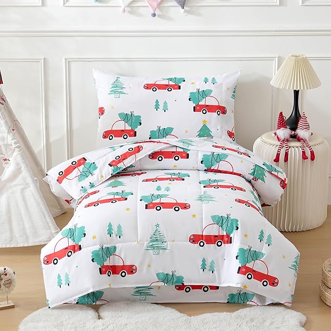 JSD Red Cars Christmas Tree Toddler Bedding Set, 4 Piece Bed-in-Bag Comforter Sheet Set, Machine Washabale Comfortable