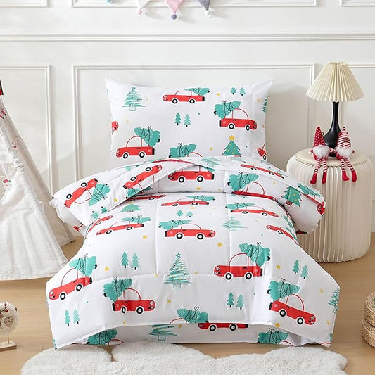JSD Red Cars Christmas Tree Toddler Bedding Set, 4 Piece Bed-in-Bag Comforter Sheet Set, Machine Washabale Comfortable