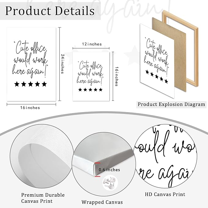 Ovczax Modern Minimalist Style Funny Quotes Funny Wall Art Set of 3 Printed Canvas Office Decor Wall Decor for Bedroom Living Room Home Office Decoration 16L x 12W