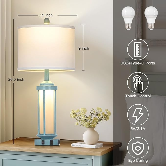 Farmhouse Table Lamps Set of 2 for Living Room, 27" Tall Rustic Vintage Table Lamp with USB A+C Charging Ports & AC Outlet, Modern Retro industrial Nightstand Bedside Lamp for Bedroom Side Table Decor