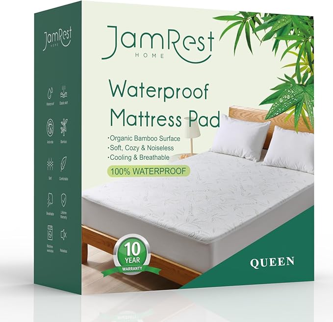 Waterproof Mattress Protector Queen Size, Viscose Cooling Breathable Mattress Cover, Fitted Deep Pocket Mattress Pad Cover Stretches up to 22 Inches, Noiseless Soft Bed Cover