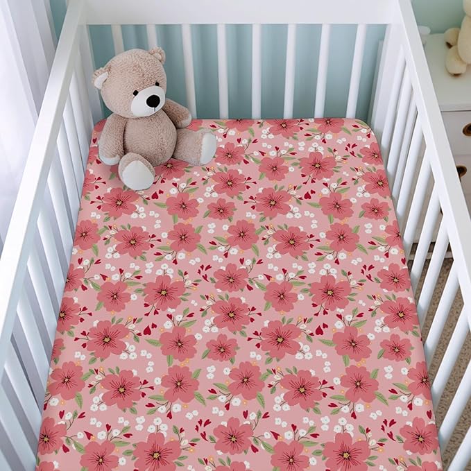 Love Blooms Fitted Baby Crib Sheets for Boy Girl 52"x28" Red Heart Blossoms Soft Breathable Stretchy Crib Mattress Covers Spring Floral Baby Sheets for Standard Crib and Toddler Bed Mattresses