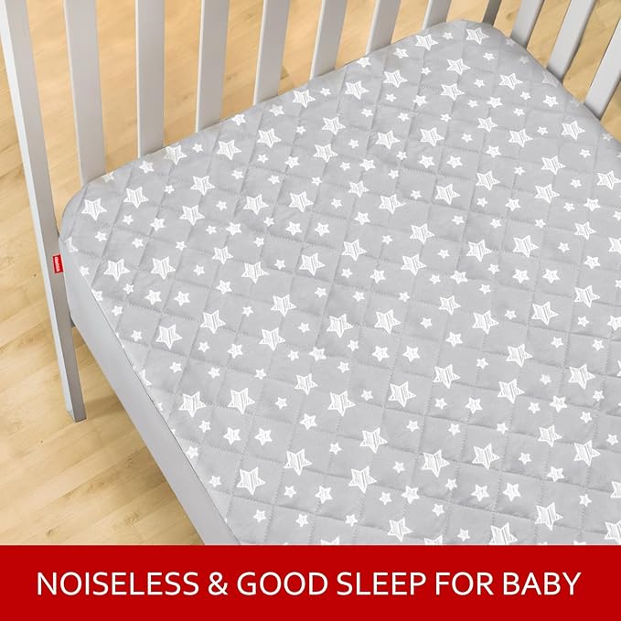 Crib Mattress Protector Waterproof 2 Pack, Quilted Crib Mattress Pad Cover 52" x 28" Extra Soft Breathable Toddler Bed Cover Stretch Up to 8", Grey & White Star