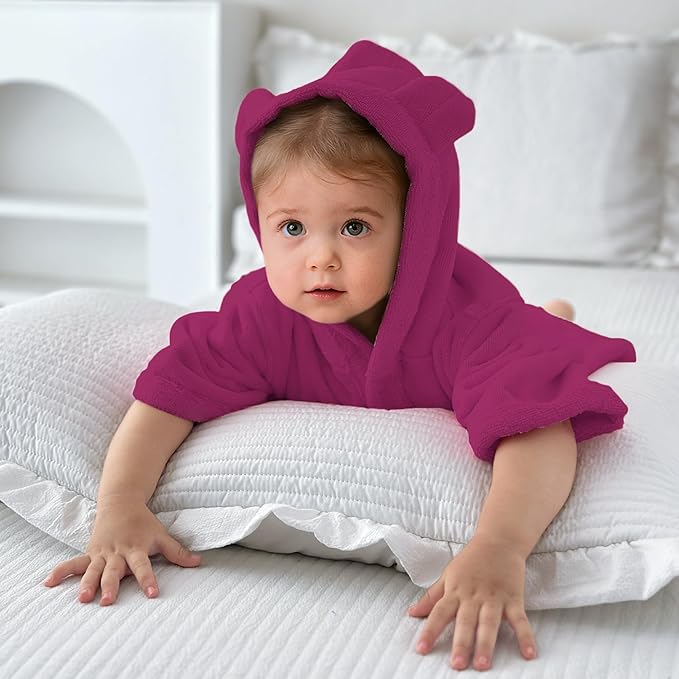 VOOVA & MOVAS Toddler Hooded Poncho Towel with Bear Ear, 0-3Years | 100% Cotton, Ultra-Soft & Absorbent | Gentle for Sensitive Skin, Bath, Pool & Beach Towel | Newborn, Rose Red