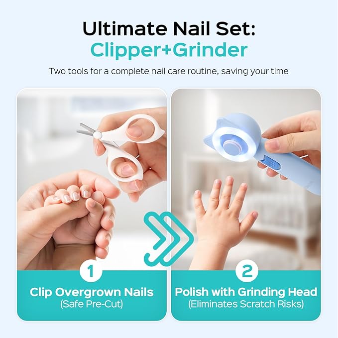 COSLUS Baby Nail File, Baby Nail Trimmer Electric, Baby Nail Clipper - Gentle, Quiet with 360° Light, Safe for Sleep Time Grinding, 16-in-1 Kit for Newborn, Infant & Toddler (C50, Sky Blue)