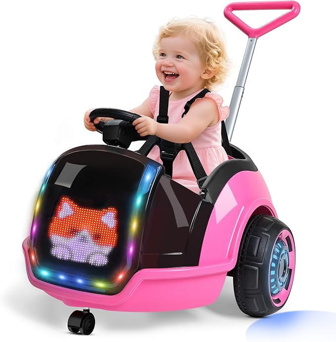 ANPABO 3-in-1 Electric Push Ride On Car, 12V Kids Ride On Toy w/Remote Control, 360° Spin, LED Display, 5-Point Safety Belt, Colorful LED Light, Music Player, Push Car for Toddler Ages 1-3 (Pink)