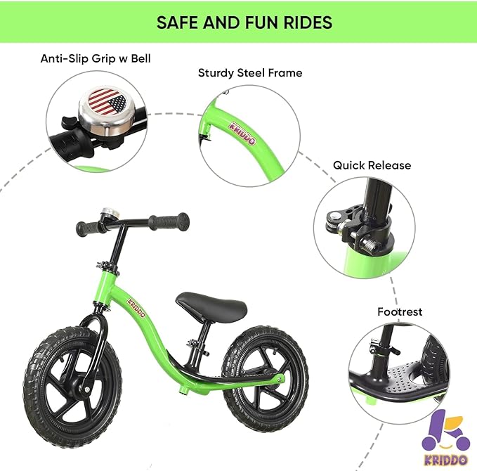 KRIDDO Toddler Balance Bike 2 Year Old, Age 24 Months to 5 Years Old, Early Learning Interactive Push Bicycle with Steady Balancing, Gift Bike for 2-5 Boys Girls, Green