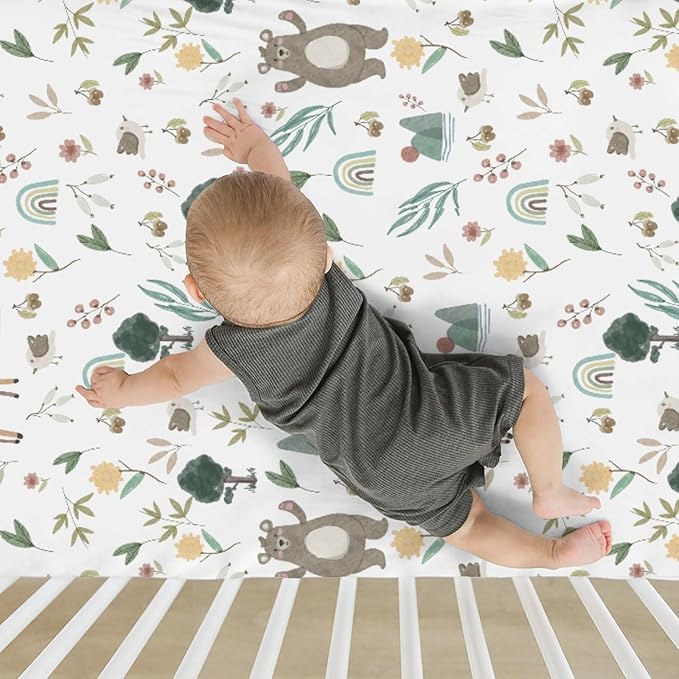 Boho Spring Animal Baby Crib Sheets for Boy Girl 52x28Inch Bear Deer Bunny Bird Rainbow Trees Mountain Soft Snug Fitted Crib Mattress Cover Animals Baby Sheet for Standard Crib & Toddler Mattress