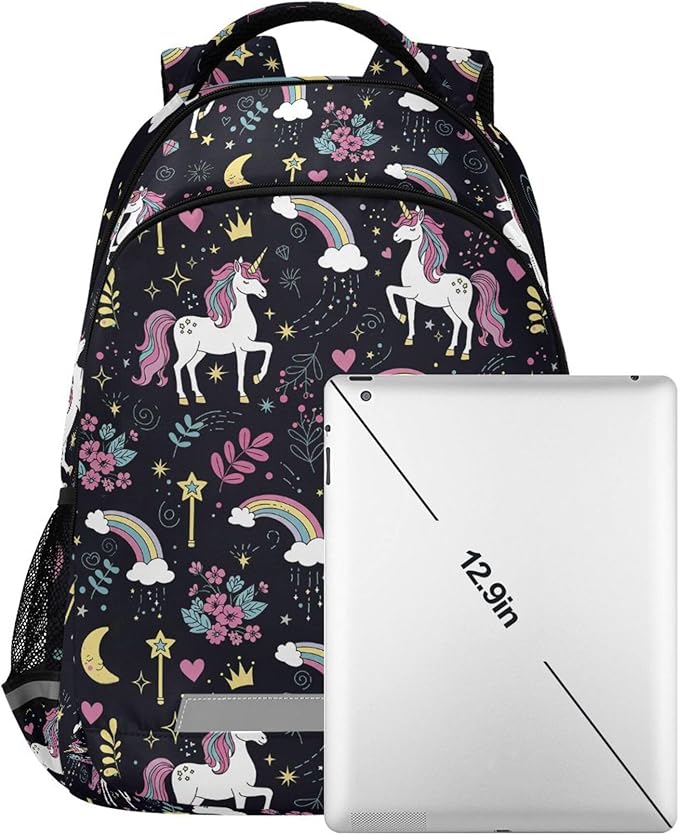 MNSRUU School Backpack with Chest Strap, Cute Unicorn Rainbow And Diamond Purple Laptop Backpack, Travel Hiking Backpack for Boys Girls, Rucksack, Knapsack One Size