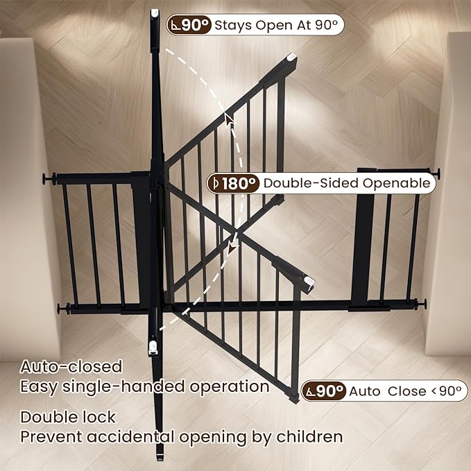 Mumeasy 29.6-46" Baby Gate for Stairs, Pressure Mounted Dog Gate for Doorways, Auto Close Pet Gate for Indoor Use, Extra Wide Child Gate with Walk Thru Door Black, Mom's Choice Awards Winner