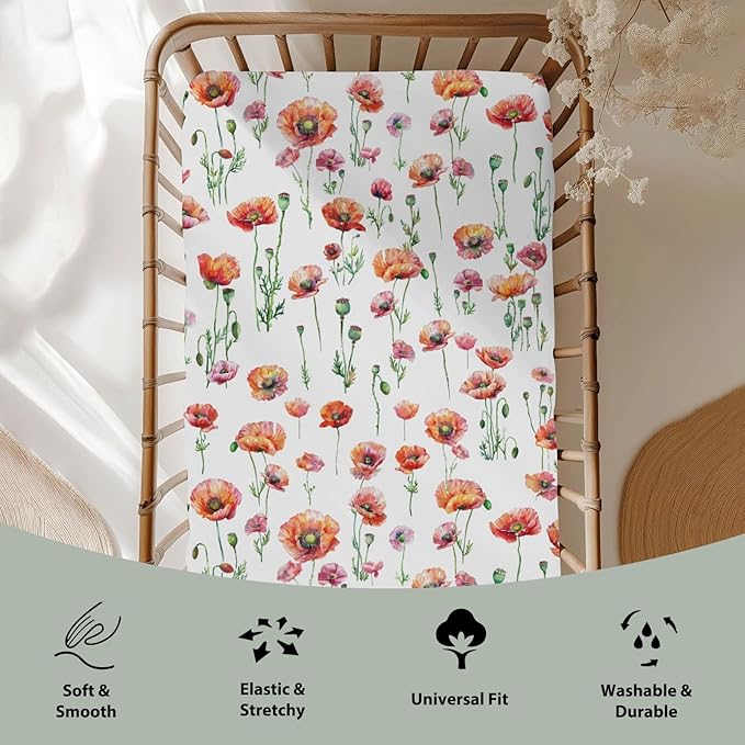Watercolor Poppies Flowers Baby Crib Sheets for Boy Girl 28"x52" Red Poppies Green Leaves Soft Snug Fitted Crib Mattress Cover Spring Summer Floral Baby Sheet for Standard Crib & Toddler Mattress