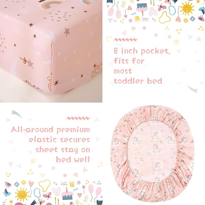 JSD Pink Unicorn Toddler Bedding Set, 4 Piece Bed-in-a-Bag Toddler Microfiber Comforter Sheet Set, All Season Machine Washable