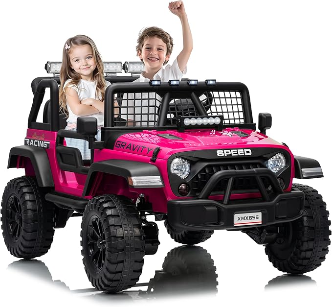 24V 2-Seater Kids Electric Truck with Parent Remote Control, 100Min Ride-on Car, 4WD Dual Motor, 2 Speeds, Spring Shock Absorber, LED Headlights, Siblings Gift Kids Electric Vehicle, Rose