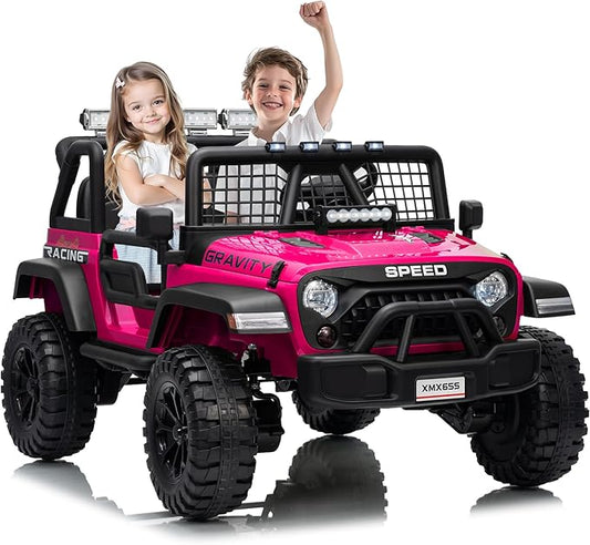 24V 2-Seater Kids Electric Truck with Parent Remote Control, 100Min Ride-on Car, 4WD Dual Motor, 2 Speeds, Spring Shock Absorber, LED Headlights, Siblings Gift Kids Electric Vehicle, Rose