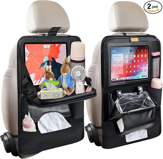 Drsvabze 2-Pack Leather Car Backseat Organizer with Tablet Holder–Foldable Food Tray,Storage Pockets,Trash Can,Tissue Holder & Insulated Bag–Kick Mats Protector for Kids,Travel Accessories Organizer