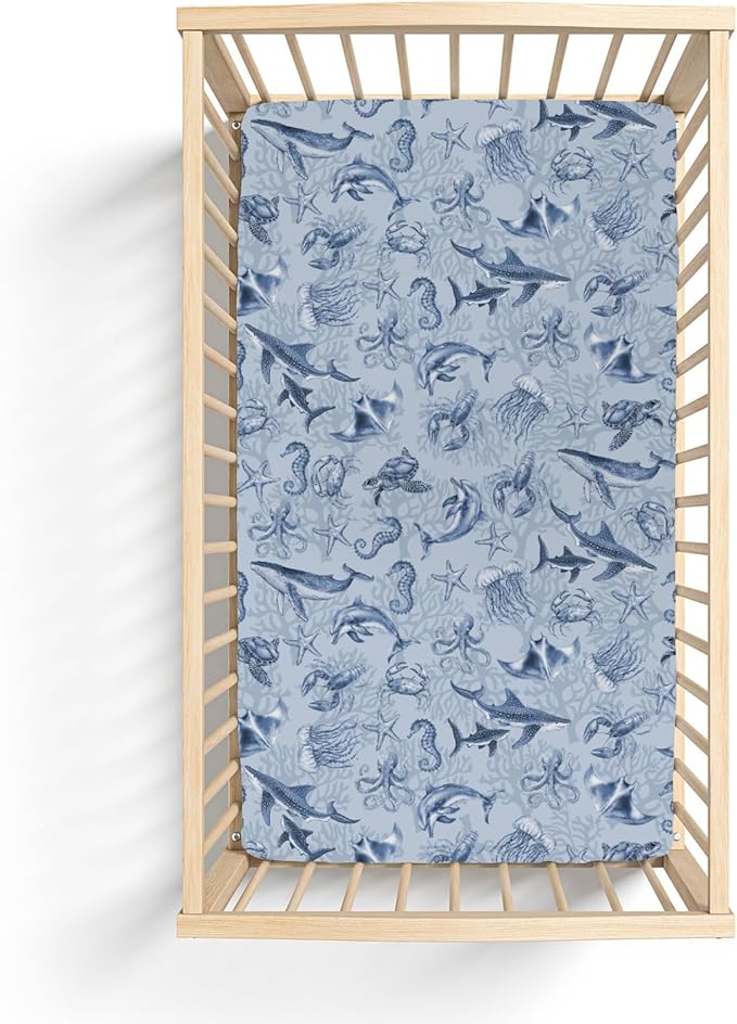Retro Marine Animals Baby Crib Sheets Boy Girl 28"x52" Whale Dolphin Jellyfish Sea Horse Turtle Coral Soft Snug Fitted Crib Mattress Cover Ocean Animal Baby Sheet for Standard Crib & Toddler Mattress