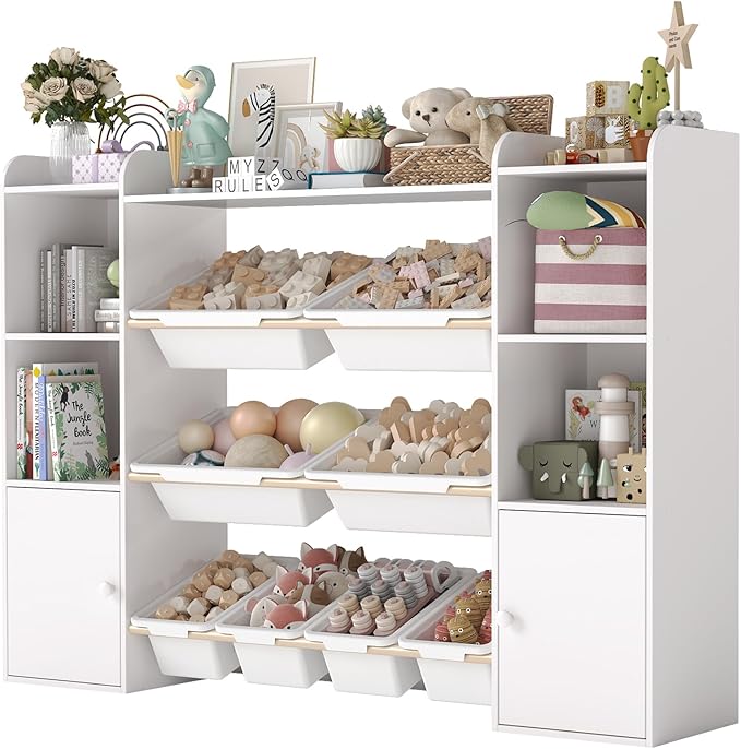 PTINFLUCE Toy Storage Organizer with 8 Toy Bins, Kids Toy Organizers and Storage with Shelf, Toddler Bookshelf and for Classroom, Living Room, Kids Room, Playroom