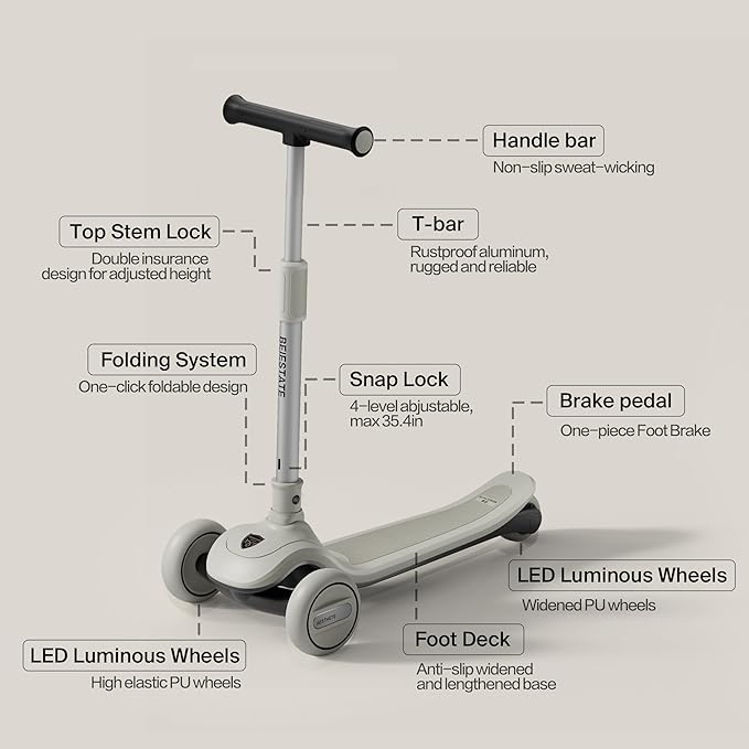 Kick Scooter for Kids Ages 3-18, Max 220 Lbs, Toddler Scooter with Adjustable Lean-To-Steer Switch, Foldable, Wide Anti-Slip Deck, Lightweight, 4 Adjustable Heights, Light up 3 Wheel Scooter