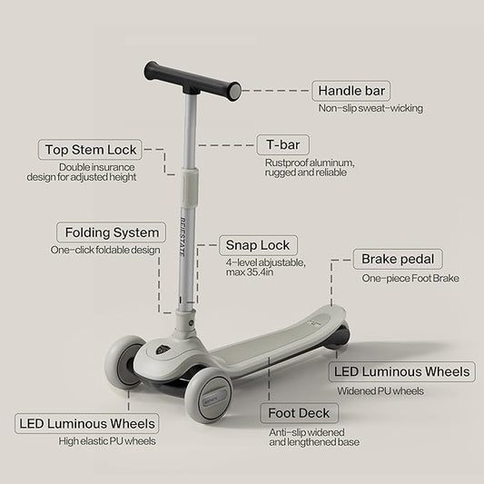 Kick Scooter for Kids Ages 3-18, Max 220 Lbs, Toddler Scooter with Adjustable Lean-To-Steer Switch, Foldable, Wide Anti-Slip Deck, Lightweight, 4 Adjustable Heights, Light up 3 Wheel Scooter