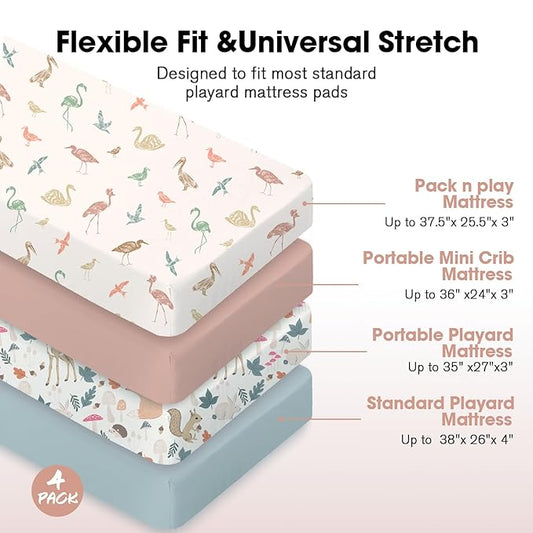 Bimocosy Pack and Play Sheets Fitted 4 Pack, 38 x 26 Inch Pack n Play Mini Crib Sheets for Boys and Girls, Soft Stretchy Playard Mattress Sheets for Graco Pack n Play, Forest Friends