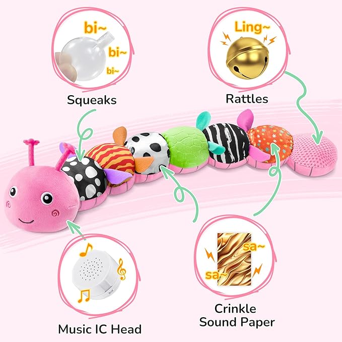 Baby Toys 6-12 Months Music Caterpillar,Stuffed Animals Infant Toys 0-3-6 Months,Baby Sensory Toys Tummy Time with Crinkle Rattle Teething Toys for Newborn Boys Girls Gifts Birthday|Rose Pink