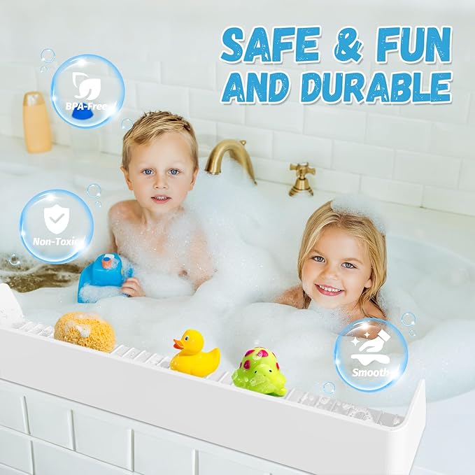 Splash Guard for Bathtub Kids - Silicone Bathtub Splash Guard with 11 Suction Cups, Bath Tub Play Shelf for Kids & Toy Holder, Prevent Water Spill in Bathroom, Fun Bath Time for Toddlers Baby, White