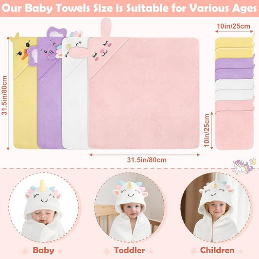 CandyHome 12 PCS Baby Bath Towels for Infants Toddlers, 4 PCS Animal Hooded Baby Towels & 8 PCS Washcloths Set, Ultra Absorbent Soft Cute Newborn Essential Gift for Boys & Girls
