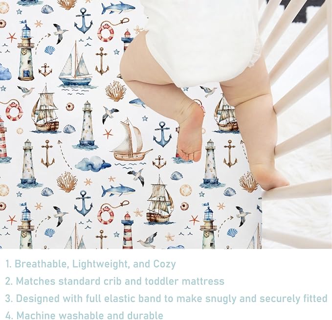 Watercolor Sailing Adventure Baby Crib Sheet 52''x28'' Nautical Life Lighthouse Boat Anchor Stretchy Fitted Crib Mattress Cover Boy Girl Beach Summer Baby Bed Sheet for Standard Crib Toddler Mattress