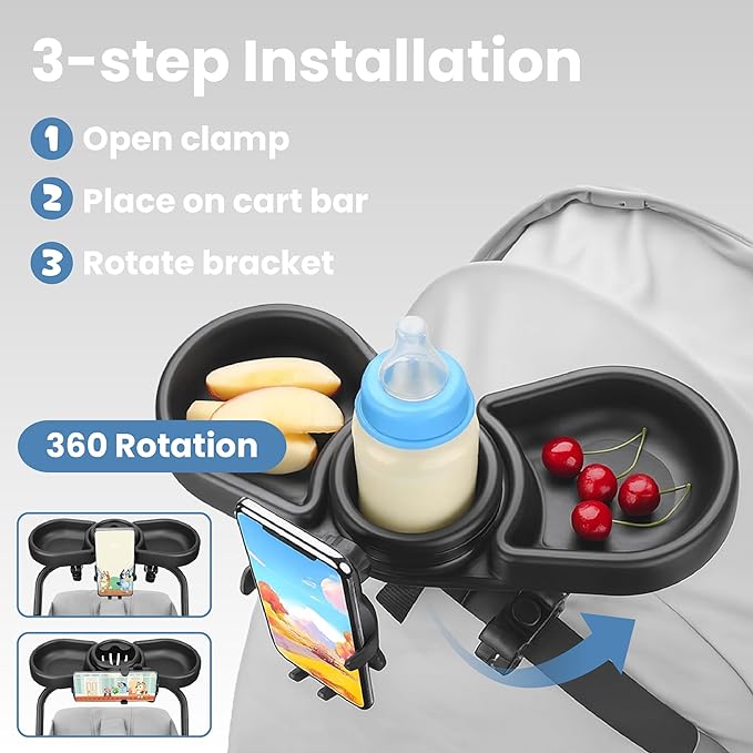 Snugbee Universal Stroller Tray with Cup Holder & Phone Mount – Fits iPhone 16 Pro Max – 360° Rotation, Easy Tool-Free Installation, Durable & Easy to Clean – Includes Instruction Manual