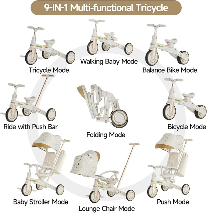 WinHope 9-in-1 Push Tricycle for Toddlers 1-3 Years | Convertible Kids Trike with Adjustable Parent Handle & Safety Harness, Lightweight Foldable Design + Storage Basket for Boys & Girls (White)