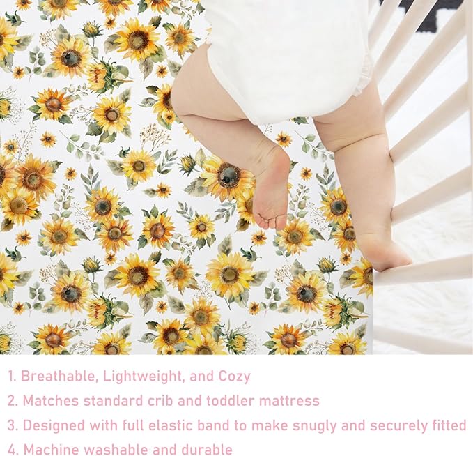 Watercolor Yellow Sunflowers Baby Crib Sheet 52''x28'' Boho Sunflowers Leaves Stretchy Fitted Crib Mattress Covers for Boy Girl Summer Wild Floral Soft Baby Sheets for Standard Crib Toddler Mattress