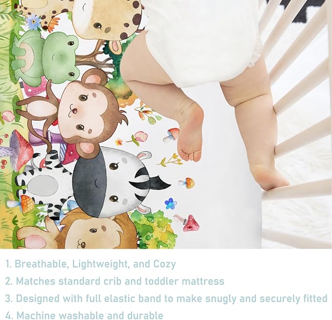 Baby Jungle Safari Animals Tropical Leaves Flowers Baby Crib Sheet 52''x28'' Fitted Crib Mattress Cover for Boy Girl Nursery Bed Sheet Fits Standard Crib Toddler Mattress (Forest, One Size)