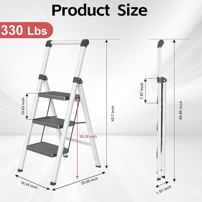 3 Step Ladder, DIAMONDFORGE Folding Step Stool with Wide Anti-Slip Pedal, Anti-Slip Feet and Handgrip, Sturdiest Steel Construction, Steel Ladder for Home, Black Grey